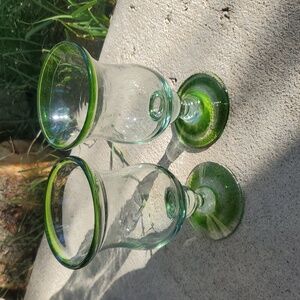 Hand Blown Mexican Glass Goblets Emerald Green Rim Bolero Set of 2 VTG Jalisco